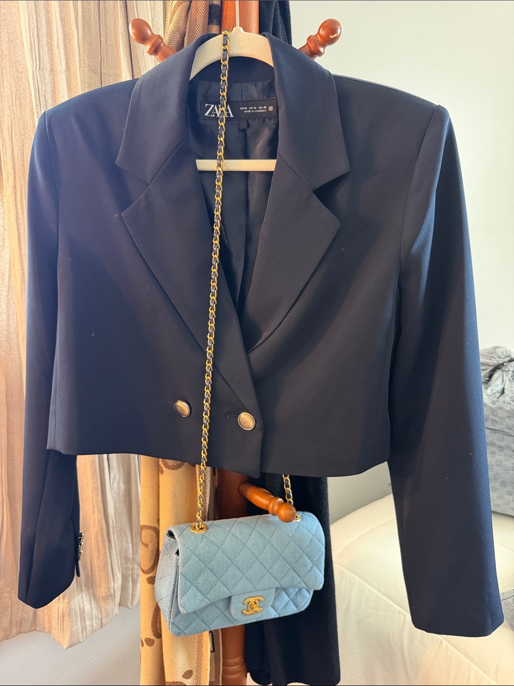 Zara dark navy Cropped Double-Breasted Blazer with Gold Buttons Womens sz medium